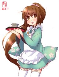 Rule 34 | 1girl, apron, artist logo, blue kimono, brown eyes, brown hair, commentary request, cowboy shot, dated, floral print, frilled apron, frills, fumizuki (kancolle), highres, japanese clothes, kanon (kurogane knights), kantai collection, kimono, long hair, looking at viewer, maid, open mouth, petals, ponytail, simple background, solo, thighhighs, tray, wa maid, white apron, white background, white thighhighs