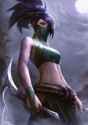 Rule 34 | 1girl, akali, black hair, breasts, cheesewoo, cloud, green eyes, green mask, green ribbon, hair ribbon, highres, holding, holding weapon, league of legends, long hair, mask, medium breasts, mouth mask, navel, night, outdoors, ribbon, rope belt, solo, stomach, weapon