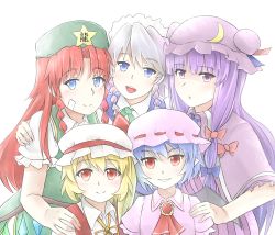 Rule 34 | 5girls, aa-rance, ascot, bad id, bad pixiv id, bandaid, bandaid on face, bat wings, blonde hair, blue eyes, blue hair, bow, braid, capelet, crescent, female focus, flandre scarlet, grin, hand on another&#039;s shoulder, hat, hong meiling, izayoi sakuya, long hair, looking at viewer, maid, maid headdress, multiple girls, patchouli knowledge, puffy sleeves, purple eyes, purple hair, red eyes, red hair, remilia scarlet, ribbon, short hair, side ponytail, silver hair, smile, star (symbol), touhou, twin braids, wings