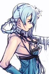 Rule 34 | 1girl, backless outfit, bandages, braid, elbow gloves, flower, gloves, hair flower, hair ornament, hairband, hungry clicker, kaine (nier), lingerie, long hair, looking afar, nier, nier (series), panties, silver hair, solo, underwear, white background