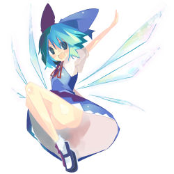 Rule 34 | &gt;:), 1girl, :d, aqua hair, blue dress, blue eyes, blue hair, bow, cirno, dress, embodiment of scarlet devil, female focus, full body, hair bow, jumping, kanikama, mary janes, matching hair/eyes, no panties, open mouth, outstretched arms, shoes, short hair, simple background, smile, solo, spread arms, touhou, upskirt, v-shaped eyebrows, wings