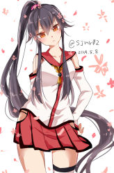 Rule 34 | 1girl, arm warmers, black hair, blouse, breasts, brown eyes, cherry blossoms, cosplay, detached sleeves, female focus, hair ornament, kantai collection, long hair, looking at viewer, petals, ponytail, red eyes, shijima (sjmr02), shirt, skirt, sleeveless, solo, very long hair, yahagi (kancolle), yamato (kancolle), yamato (kancolle) (cosplay)