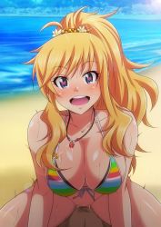 Rule 34 | 1boy, 1girl, bad id, bad pixiv id, beach, bikini, bikini top only, blonde hair, blue eyes, bottomless, breasts, cleavage, collarbone, commentary request, cowgirl position, cum, cum in pussy, day, front-tie top, happy sex, heart, heart-shaped pupils, hetero, highres, idolmaster, idolmaster cinderella girls, jewelry, large breasts, long hair, looking at viewer, motion lines, necklace, o-ring, o-ring top, ocean, ohtsuki yui, pov, pov crotch, pubic hair, rainbow bikini, sex, sidelocks, solo focus, sparkle, straddling, striped bikini, striped bikini top, striped clothes, sweat, swimsuit, symbol-shaped pupils, tanuki (metaltanuki), vaginal