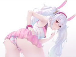 Rule 34 | 1girl, :o, animal ears, ass, ass focus, azur lane, bare shoulders, bent over, breasts, fake animal ears, finger to mouth, from behind, grey background, hair between eyes, hairband, highres, laffey (azur lane), legs apart, long hair, looking at viewer, medium breasts, nail polish, nakazawa aki, one-piece swimsuit, open mouth, pink nails, pink skirt, pleated skirt, rabbit ears, red eyes, scrunchie, silver hair, simple background, skirt, solo, striped clothes, striped one-piece swimsuit, swimsuit, tank top, thighs, twintails, very long hair, wrist scrunchie