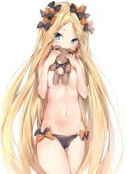 Rule 34 | 1girl, abigail williams (fate), black bow, black panties, blonde hair, blue eyes, blush, bow, breasts, cameltoe, convenient censoring, covered mouth, cowboy shot, embarrassed, fate/grand order, fate (series), groin, hair bow, hands up, head tilt, highres, holding, holding stuffed toy, long hair, looking at viewer, multiple hair bows, navel, orange bow, panties, parted bangs, side-tie panties, silver (chenwen), simple background, small breasts, solo, standing, stomach, straight hair, stuffed animal, stuffed toy, teddy bear, thighs, topless, tsurime, underwear, underwear only, very long hair, white background