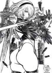 Rule 34 | 1girl, 2b (nier:automata), artist name, ass, breasts, closed mouth, commentary request, feather trim, feathers, gloves, greyscale, hair ornament, hairband, highleg, highleg leotard, holding, holding sword, holding weapon, katana, leotard, lips, long sleeves, looking at viewer, medium breasts, monochrome, nier:automata, nier (series), puffy sleeves, short hair, signature, simple background, skidrow, sword, thighhighs, thighs, weapon