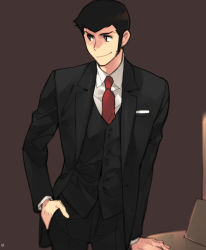 Rule 34 | 1boy, arsene lupin iii, bad id, bad pixiv id, black jacket, brown background, formal, hand in pocket, jacket, lupin iii, male focus, necktie, red necktie, signature, simple background, smile, solo, standing, suit, tms entertainment, toujou sakana