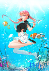 Rule 34 | 1girl, :o, air bubble, animal, bare legs, black shirt, bow, breasts, bubble, closers, clownfish, coral, crop top, crop top overhang, feet, fish, freediving, hair bow, hands up, highres, legs, long hair, looking at viewer, luna aegis (closers), medium breasts, midriff, miniskirt, navel, official art, open mouth, orange hair, purple eyes, sandals, shirt, short sleeves, skirt, slippers, solo, starfish, stomach, toes, tropical fish, twintails, underwater, water, white skirt