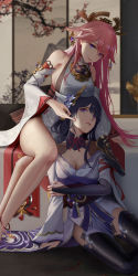 Rule 34 | 2girls, absurdres, animal ears, armor, bare legs, braid, branch, breast rest, breasts, breasts on head, bridal gauntlets, cleavage, crossed legs, detached sleeves, earrings, finger to cheek, fox ears, genshin impact, grabbing own arm, hair ornament, highres, indoors, japanese clothes, jewelry, kimono, large breasts, long hair, looking at another, looking at viewer, looking up, low-braided long hair, low-tied long hair, miko, mole, mole under eye, multiple girls, nail polish, off shoulder, parted lips, pink hair, pink nails, purple eyes, purple hair, purple kimono, purple nails, raiden shogun, roundschen, sash, shirt, shoulder armor, sitting, sleeveless, sleeveless shirt, smile, thighhighs, thighs, vision (genshin impact), white shirt, wide sleeves, yae miko