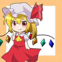 Rule 34 | 1girl, ascot, blonde hair, chibi, collared shirt, fang, fang out, finger to cheek, flandre scarlet, hat, hat ribbon, highres, kuyuri y, looking at viewer, mob cap, puffy short sleeves, puffy sleeves, red eyes, ribbon, shirt, short sleeves, side ponytail, simple background, skirt, skirt set, smile, solo, torizaki kuyuri, touhou, vest, wings
