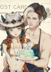 Rule 34 | 1boy, 1girl, animal ears, apron, arm around waist, bare shoulders, birthday, birthday cake, black apron, black hair, black ribbon, black shorts, blue eyes, blunt bangs, bra, breasts, cake, candle, cat, chinese commentary, cleavage, collarbone, collared jacket, commentary request, cowboy hat, cowboy shot, ears through headwear, emet-selch, eyelashes, fangs, final fantasy, final fantasy xiv, fingernails, fire, food, forehead jewel, hand on another&#039;s hip, happy birthday, hat, high collar, holding, holding plate, jacket, lips, lipstick, makeup, medium breasts, medium hair, multicolored hair, navel, open clothes, open jacket, parted lips, pectoral cleavage, pectorals, pink lips, plate, qingyu tongguo le dixia jiao yi, red jacket, ribbon, short hair, shorts, sleeveless, sleeveless jacket, smile, stomach, streaked hair, teeth, toned, toned male, underwear, warrior of light (ff14), watermark, weibo logo, weibo watermark, white background, white bra, white gemstone, white hair, white hat, yellow eyes