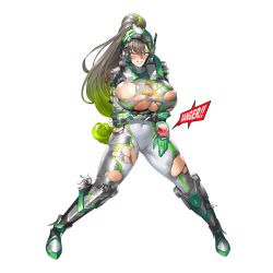 Rule 34 | 1girl, areola slip, arm guards, armor, bodysuit, boots, breast hold, breasts, broken armor, broken helmet, broken wires, bursting breasts, cameltoe, clenched teeth, clover, clover ace, covered navel, defeat, english text, fang, full body, game cg, gloves, gluteal fold, green gloves, green hair, grey bodysuit, grey hair, groin tendon, hair between eyes, high heel boots, high heels, highres, holding own arm, huge breasts, large areolae, last origin, legs apart, long hair, looking at viewer, armored boots, monitor, multicolored hair, nipple slip, nipples, obui, official art, open mouth, orange eyes, ponytail, shoulder armor, sign, simple background, skindentation, solo, streaked hair, teeth, torn bodysuit, torn boots, torn clothes, transparent background, two-tone hair, warning sign, white bodysuit, wire