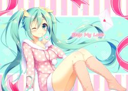 Rule 34 | 1girl, ;), animal hood, aoi yun, arm support, blush, breasts, closed mouth, collarbone, commentary request, finger to mouth, fingernails, hair between eyes, hair ribbon, hatsune miku, heart, hood, kneehighs, letter, long hair, long sleeves, looking at viewer, love letter, medium breasts, nail polish, no shoes, one eye closed, pajamas, pink pajamas, pink socks, polka dot, polka dot pajamas, pom pom (clothes), rabbit hood, ribbon, short jumpsuit, shushing, sidelocks, sitting, sleeves past wrists, smile, socks, solo, spoken heart, striped ribbon, twintails, unmoving pattern, very long hair, vocaloid, yellow ribbon