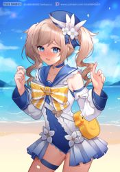Rule 34 | 1girl, anchor symbol, animal bag, barbara (genshin impact), barbara (summertime sparkle) (genshin impact), bare shoulders, beach, bird, blue choker, blue eyes, blue one-piece swimsuit, blue sailor collar, blue sky, blush, bow, choker, commentary, covered navel, cowboy shot, day, detached sleeves, drill hair, duck, duck print, english commentary, fanbox username, flower, frilled one-piece swimsuit, frilled swimsuit, frills, genshin impact, hair flower, hair ornament, hands up, hat, long hair, long sleeves, nose blush, o-ring, o-ring strap, o-ring thigh strap, ocean, official alternate costume, one-piece swimsuit, open mouth, outdoors, patreon logo, raised eyebrows, sailor collar, sailor hat, sand, shrimp cake, sky, solo, swimsuit, thigh strap, twin drills, twintails, two-tone bow, water, watermark, wavy mouth, web address, white bow, white flower, white hat, white sleeves