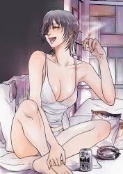Rule 34 | 1girl, breasts, can, chainsaw man, cigarette, cleavage, closed eyes, crossed legs, eyepatch, happy, highres, himeno (chainsaw man), laughing, medium breasts, midriff, moroboshi minami, open mouth, panties, short hair, sitting, sleeveless, solo, tank top, tearing up, underwear, white panties, white tank top