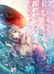 Rule 34 | 1girl, akinomiya asuka, flower, grey hair, hair down, japanese clothes, kimono, layered clothes, long hair, long sleeves, lying, lying on water, mystical power plant, no headwear, no headwear, oil-paper umbrella, on side, petals, red eyes, solo, suitokuin tenmu, thick eyebrows, touhou, umbrella, very long hair, wide sleeves