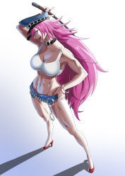 Rule 34 | 1girl, abs, backlighting, big hair, blue shorts, breasts, choker, cleavage, cuffs, cutoffs, denim, denim shorts, final fight, full body, half-pencil, hand on own hip, handcuffs, hat, high heels, highres, large breasts, long hair, midriff, muscular, muscular female, navel, peaked cap, pink hair, poison (final fight), riding crop, short shorts, shorts, solo, street fighter, tank top, thighs, very long hair, white background