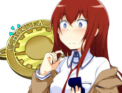 Rule 34 | 1girl, ^^^, badge, blue eyes, blush, breasts, chata maru (irori sabou), collared shirt, commentary, hair between eyes, holding, jacket, long hair, makise kurisu, medium breasts, necktie, off shoulder, marriage proposal, red hair, ring box, shirt, simple background, solo, steins;gate, upper body, wavy mouth, white background