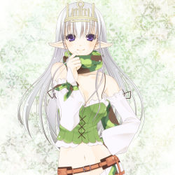 Rule 34 | 1girl, belt, blush, breasts, brown belt, camouflage scarf, closed mouth, commentary request, contrapposto, cowboy shot, crown, detached sleeves, green background, green scarf, green shorts, green tube top, hair between eyes, highres, long hair, looking at viewer, medium breasts, midriff, navel, nia (littlestars), pointy ears, purple eyes, ragnarok online, ranger (ragnarok online), scarf, scarf pull, shorts, smile, snowflake background, solo, strapless, tube top, white hair, white sleeves
