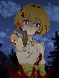 Rule 34 | 1girl, :3, absurdres, aiming, aiming at viewer, black hairband, blonde hair, blood, blood in hair, blood on clothes, blood on face, blurry, blurry background, closed mouth, fang, fang out, gun, hair between eyes, hairband, handgun, highres, higurashi no naku koro ni, holding, holding gun, holding weapon, houjou satoko, looking at viewer, night, outdoors, poyadevil, red eyes, shirt, short hair, sleeveless, sleeveless shirt, smile, solo, standing, weapon, white shirt