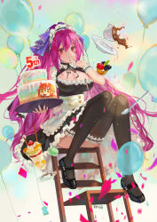 Rule 34 | absurdres, alternate costume, apron, balloon, black dress, blush, breasts, cake, chair, cleavage, coffee, coffee cup, cup, disposable cup, dress, enmaided, fang qiao, fate/grand order, fate (series), food, frilled apron, frilled dress, frills, hair between eyes, hair ornament, hairclip, hand to own mouth, headpiece, highres, holding, holding tray, large breasts, maid, maid apron, maid headdress, parfait, pen, purple hair, purple ribbon, red eyes, ribbon, scathach (fate), scathach skadi (fate), spoon, thighhighs, tray, white apron, wrist cuffs