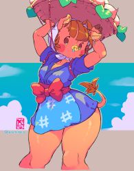 Rule 34 | 1girl, aged up, animal crossing, animal ears, apron, arms up, artist name, basket, blue kimono, blue sky, blunt bangs, blush, blush stickers, bow, breasts, brown eyes, brown hair, brown outline, cloud, cropped legs, daisy mae (animal crossing), day, earrings, female focus, furry, furry female, head scarf, highres, holding, japanese clothes, jewelry, kimono, leaf, looking to the side, nintendo, no mouth, object on head, outdoors, outline, pig ears, pig tail, rope, sash, shiny skin, short hair, short kimono, short sleeves, signature, single earring, sky, small breasts, snot, snout, solo, standing, starmilk, tail, thick thighs, thighs, turnip, twitter username, watermark, wide hips, yen sign