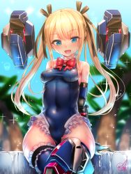 Rule 34 | 1girl, bare shoulders, blue eyes, blue leotard, blue one-piece swimsuit, blush, breasts, covered navel, curvy, dead or alive, dead or alive 5, doyouwantto, frilled leotard, frills, hair ornament, leotard, long hair, looking at viewer, marie rose, medium breasts, one-piece swimsuit, open mouth, shiny skin, sitting, smile, solo, swimsuit, thick thighs, thighhighs, thighs, twintails, wet, wide hips, x hair ornament