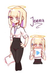 Rule 34 | 1girl, :o, axel diamondis, black pants, blonde hair, blush, character name, collared shirt, grey eyes, halo, hand on own hip, highres, holding, holding paper, hololive, hololive english, id card, jenma-chan, looking down, multiple views, office lady, open mouth, pants, paper, shirt, shirt tucked in, sweat, triangle hair ornament, virtual youtuber, white background, white shirt