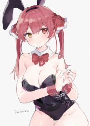 Rule 34 | 1girl, animal ears, black hairband, black leotard, blush, bow, bowtie, breasts, commentary, cuffs, detached collar, fake animal ears, hair bow, hairband, heterochromia, highres, hololive, houshou marine, large breasts, leotard, long hair, looking at viewer, nail polish, otintin, playboy bunny, red bow, red bowtie, red eyes, red hair, red nails, smile, solo, sweat, twintails, virtual youtuber