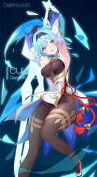 Rule 34 | 1girl, absurdres, alternate costume, armpits, arms up, artist name, bell, black bodysuit, black gloves, blue hair, bodysuit, boots, breasts, character name, claymore (sword), commentary request, copyright name, cosplay, dark hound 3, detached sleeves, eula (genshin impact), foreshortening, ganyu (genshin impact), ganyu (genshin impact) (cosplay), genshin impact, gloves, greatsword, hair between eyes, hair ornament, hairband, highres, holding, holding sword, holding weapon, knees together feet apart, long sleeves, looking at viewer, medium breasts, medium hair, neck bell, parted lips, sidelocks, simple background, solo, sweatdrop, sword, tassel, teeth, thick thighs, thighs, upper teeth only, vision (genshin impact), weapon, weapon on back, wide hips, wide sleeves