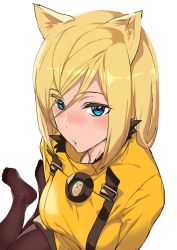 Rule 34 | 1girl, animal ears, ashiomi masato, blonde hair, blue eyes, brown pantyhose, commentary request, dress, eyes visible through hair, feet, guilty gear, guilty gear xrd, millia rage, open mouth, pantyhose, short hair, simple background, solo, white background, yellow dress