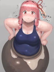 Rule 34 | 1girl, :&gt;, absurdres, blunt bangs, blush, breasts, cauldron, cleavage, commentary request, fat, getting over it, grey background, hair intakes, hair ribbon, highres, kotonoha akane, large breasts, long hair, looking at viewer, low-tied long hair, one-piece swimsuit, oruka (kamituki0827), pink hair, plump, red eyes, ribbon, sidelocks, simple background, solo, stuck, swimsuit, tareme, thick arms, translation request, voiceroid