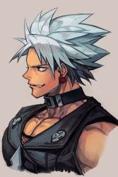 Rule 34 | 1boy, arc system works, belt collar, black jacket, blue hair, chipp zanuff, collar, earrings, grey background, grin, guilty gear, guilty gear xrd, hungry clicker, jacket, jewelry, male focus, manly, parted lips, profile, simple background, smile, smirk, solo, upper body