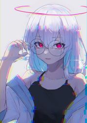 Rule 34 | 1girl, absurdres, bare shoulders, black camisole, camisole, glasses, glitch, halo, highres, jacket, long hair, looking at viewer, madaato (psgw3383), off shoulder, open mouth, original, pink eyes, simple background, solo, white hair, white jacket