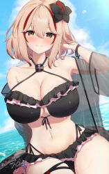Rule 34 | 1girl, azur lane, bare shoulders, bikini, blonde hair, blue sky, blush, breasts, brown eyes, cleavage, closed mouth, cloud, collarbone, commentary request, day, dutch angle, flower, frilled bikini, frills, hair between eyes, hair flower, hair ornament, hand in own hair, highres, large breasts, looking at viewer, multicolored hair, navel, outdoors, red hair, roon (azur lane), see-through, shionootsu, short hair, sky, smile, solo, stomach, streaked hair, swimsuit, swimsuit cover-up, thigh gap, two-tone bikini, two-tone hair, wet