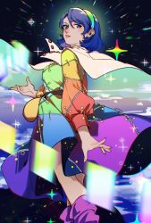 Rule 34 | 1girl, artist request, bag, blue eyes, blue hair, blurry, buttons, cape, card, chromatic aberration, dress, feet out of frame, floating cape, floating card, glowing, hairband, halo, hand up, highres, long sleeves, looking at viewer, multicolored clothes, multicolored dress, outstretched hand, parted bangs, parted lips, puffy long sleeves, puffy sleeves, purple footwear, rainbow gradient, rainbow order, satchel, short hair, sleeve cuffs, solo, sparkle, tenkyuu chimata, touhou, upskirt, white cape