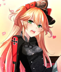 Rule 34 | 1girl, admiral hipper (azur lane), azur lane, bad id, bad pixiv id, blonde hair, blush, breasts, cosplay, cross, green eyes, hair between eyes, hat, highres, iron cross, jacket, kantai collection, long hair, long sleeves, looking at viewer, military, military uniform, open mouth, peaked cap, prinz eugen (kancolle), prinz eugen (kancolle) (cosplay), small breasts, smile, solo, tsukumo matoro, two side up, uniform