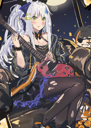 Rule 34 | 1girl, cleavage cutout, clothing cutout, commentary, echj, elf, eyepatch, girls&#039; frontline, green eyes, guitar, hair ribbon, halloween, halloween costume, hk416 (girls&#039; frontline), instrument, m16a1 (girls&#039; frontline), pantyhose, pointy ears, ribbon, scrunchie, solo, torn clothes, torn pantyhose, white hair