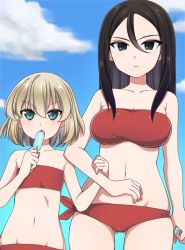 Rule 34 | 10s, 2girls, :o, arm grab, bandeau, bare shoulders, bikini, black hair, blonde hair, blue eyes, blue sky, breasts, cleavage, closed mouth, cloud, cloudy sky, day, food, frown, girls und panzer, gluteal fold, hair between eyes, highres, holding, holding food, katyusha (girls und panzer), licking, looking at viewer, medium breasts, multiple girls, navel, nonna (girls und panzer), outdoors, popsicle, red bikini, ruruepa, short hair, side-tie bikini bottom, sky, standing, strapless, strapless bikini, swept bangs, swimsuit, tongue, tongue out, upper body, v-shaped eyebrows