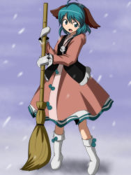 Rule 34 | 1girl, ahoge, animal ears, blush, boots, broom, dress, fang, female focus, green eyes, green hair, kasodani kyouko, looking at viewer, matching hair/eyes, mittens, pink dress, short hair, snow, solo, standing, tachi (mtd), tail, touhou, wild and horned hermit