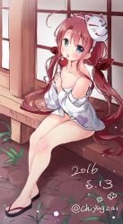 Rule 34 | 10s, 1girl, 2016, ahoge, alternate costume, blue eyes, blush, candy apple, chiyingzai, collarbone, dated, food, fox mask, hair ribbon, hairband, japanese clothes, kantai collection, kawakaze (kancolle), kimono, long hair, looking at viewer, low twintails, mask, mask on head, open mouth, red hair, ribbon, sandals, short kimono, sitting, solo, twintails, twitter username, yukata