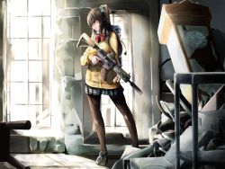Rule 34 | 1girl, backlighting, black footwear, black hair, black pantyhose, blue eyes, blue skirt, bow, bowtie, cardigan, clock, commentary, debris, dress shirt, frown, grandfather clock, gun, hair ornament, hair scrunchie, highres, holding, holding gun, holding weapon, indoors, kakimoto nao, loafers, long hair, long sleeves, miniskirt, one side up, original, pantyhose, plaid, plaid skirt, pleated skirt, red bow, red bowtie, school uniform, scrunchie, shirt, shoes, skirt, solo, standing, sunlight, sweat, sweater, trigger discipline, weapon, weapon request, white shirt, window, yellow sweater