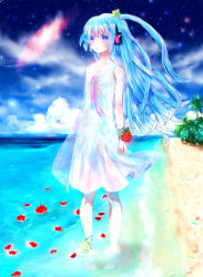Rule 34 | 1girl, bad id, bad pixiv id, barefoot, beach, blue eyes, blue hair, cloud, dress, hatsune miku, headphones, headset, highres, long hair, matching hair/eyes, outdoors, project diva (series), project diva 2nd, sky, soaking feet, solo, star (sky), starry sky, vocaloid, wading, water