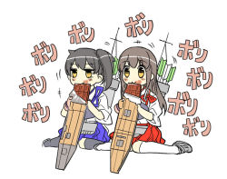 Rule 34 | 10s, 2girls, akagi (kancolle), arrow (projectile), black hair, blush stickers, brown hair, candy, chocolate, chocolate bar, eating, flight deck, food, kaga (kancolle), kantai collection, long hair, momiji mao, multiple girls, muneate, personification, quiver, side ponytail, simple background, sitting, skirt, smile, wariza, yellow eyes