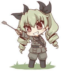Rule 34 | &gt;:), 10s, 1girl, anchovy (girls und panzer), belt, black footwear, black shirt, blouse, boots, chibi, dress shirt, drill hair, girls und panzer, green hair, grey jacket, grey pants, grin, hair ribbon, holding, jacket, kata meguma, knee boots, long hair, long sleeves, military, military uniform, necktie, pants, pants tucked in, red eyes, ribbon, shirt, smile, solo, twin drills, twintails, uniform, v-shaped eyebrows