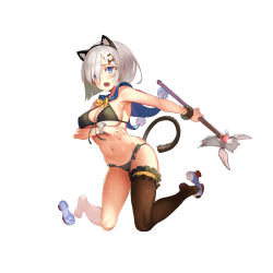 Rule 34 | 10s, 1girl, animal ears, arm at side, armpits, asymmetrical legwear, bikini, black bikini, black thighhighs, blue eyes, breast hold, breasts, cat ears, cat tail, eyes visible through hair, fake animal ears, full body, gloves, hair ornament, hair over one eye, hairclip, hamakaze (kancolle), kantai collection, kneeling, large breasts, looking at viewer, magical girl, navel, necolab, open mouth, shoe dangle, shoes, sideboob, silver hair, simple background, single shoe, single thighhigh, skindentation, solo, stomach, swimsuit, tail, thigh strap, thighhighs, thighs, underboob, uneven legwear, white background, white gloves, wrist cuffs