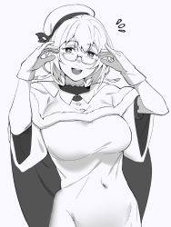 Rule 34 | 1girl, breasts, cape, dress, glasses, gloves, grey background, greyscale, hair between eyes, hat, highres, i-8 (kancolle), kantai collection, large breasts, long hair, looking at viewer, monochrome, official alternate costume, open mouth, shingyou (alexander-13), simple background, smile, solo, teeth, upper body, upper teeth only