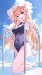 Rule 34 | 1girl, :d, arm up, bare arms, bare shoulders, barfleur (warship girls r), bison cangshu, blonde hair, blue eyes, blue one-piece swimsuit, breasts, covered navel, day, highres, large breasts, long hair, looking at viewer, name tag, one-piece swimsuit, open mouth, outdoors, pool ladder, revision, smile, solo, swimsuit, thighs, v-shaped eyebrows, very long hair, warship girls r