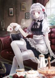 Rule 34 | 1girl, apron, blurry, braid, candle, cup, depth of field, framed, highres, izayoi sakuya, maid apron, maid headdress, miyakure, petals, picture frame, picture frame, red eyes, rose petals, short hair, short sleeves, silver hair, sketch, solo, teacup, teapot, thighhighs, touhou, twin braids, waist apron, white thighhighs, window, wrist cuffs