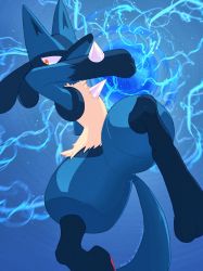 Rule 34 | 1boy, animal ears, animal feet, animal hands, arms up, artist name, attack, aura, aura sphere (pokemon), black fur, blue background, blue fur, blue theme, body fur, creatures (company), dated, energy, full body, furry, furry male, game freak, gen 4 pokemon, highres, lemonade kokoi, looking to the side, lucario, male focus, multicolored fur, nintendo, pawpads, pokemon, pokemon (creature), pokemon move, red eyes, signature, simple background, snout, solo, spikes, spread legs, tail, thick thighs, thighs, twitter username, wolf boy, wolf ears, wolf tail, yellow fur